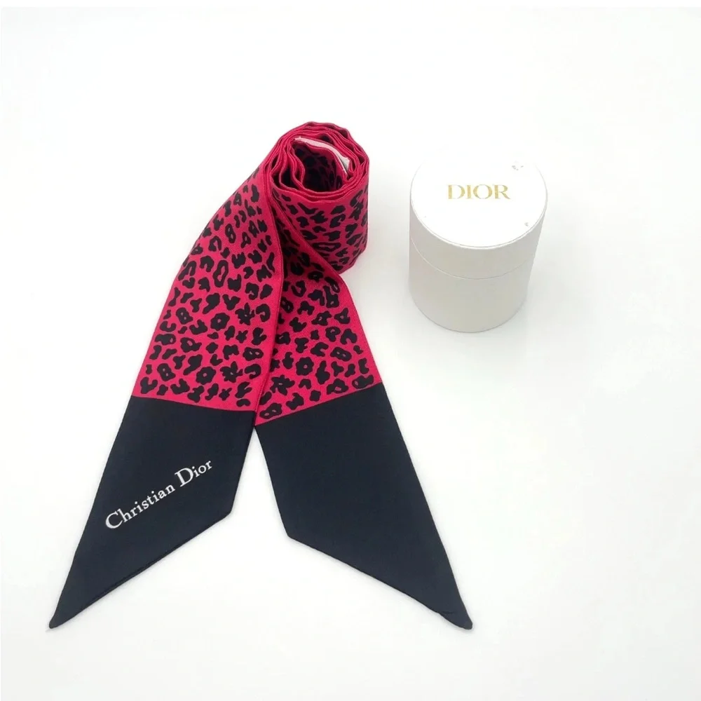 Christian Dior Mitzah Leopard Pink x Multicolor Silk Scarf W/Box